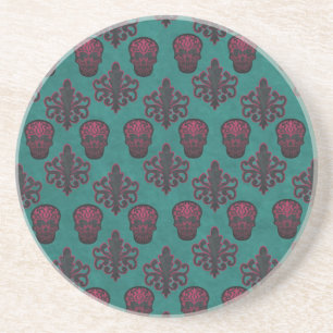 POSAVASOS DE ARENISCA DAMASK SKULL PINK CALIENTE EN VERDE AZULADO