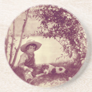 Posavasos de arenisca de niño vintage con perro en
