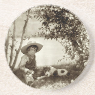 Posavasos de arenisca de niño vintage con perro en