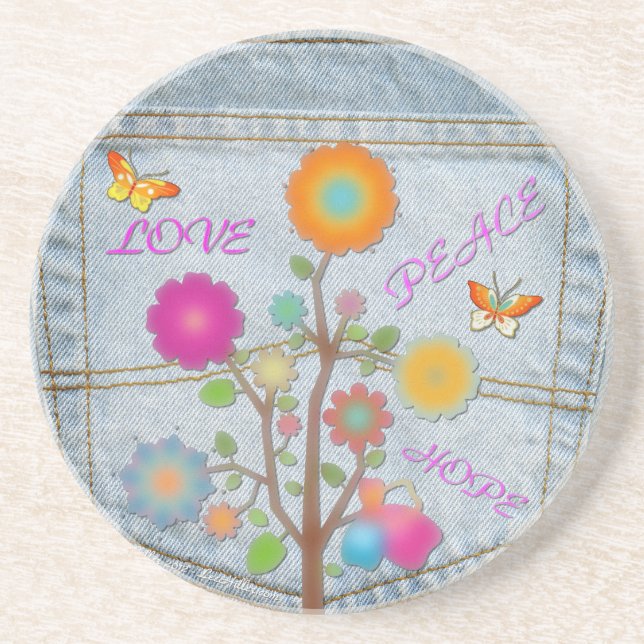 Posavasos De Arenisca Denim Back Pocket Flowers Peace Love Hope (Frente)