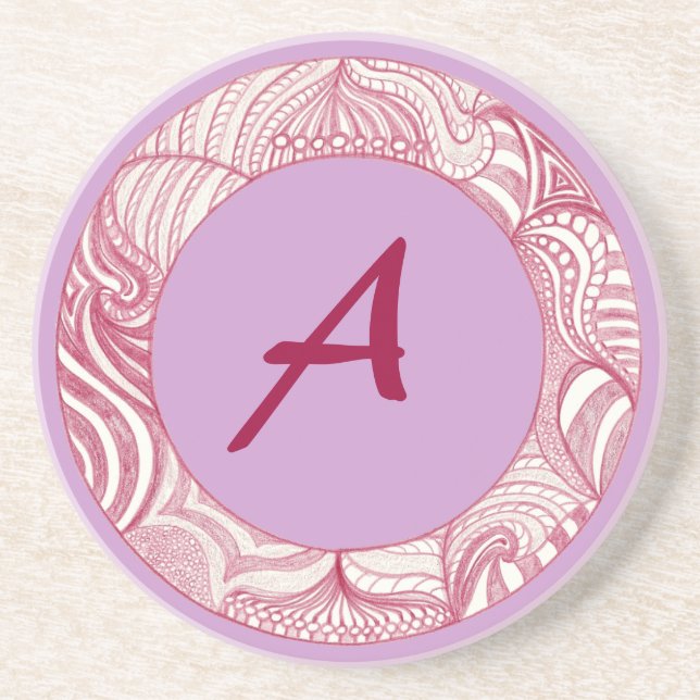 Posavasos De Arenisca Dibujo de líneas de círculo rojas, monogramas (Frente)