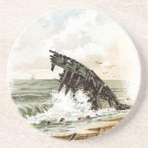 Posavasos De Arenisca Dibujo del vintage: Naufragio en la playa