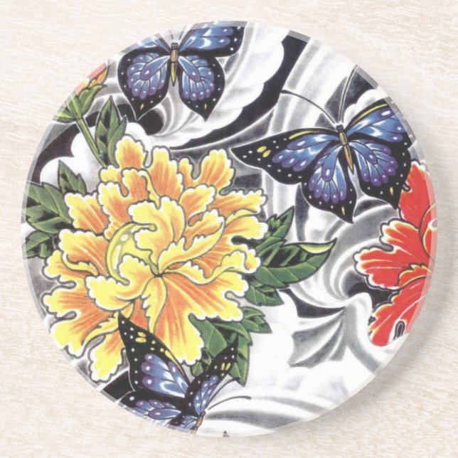 Posavasos De Arenisca Diseño de tatuajes para peones amarillos y maripos (Frente)