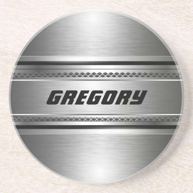 Posavasos De Arenisca Diseño Monogramado de franjas máculinas Faux Silve (Frente)