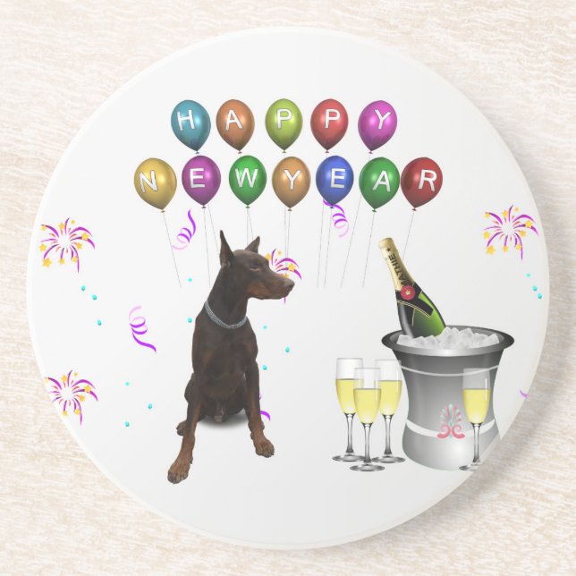Posavasos De Arenisca Doberman Pinscher deseando un feliz Año Nuevo 2016 (Frente)