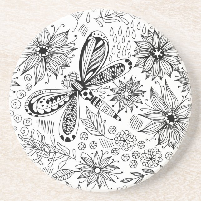 Posavasos De Arenisca Doodle de libélula y flores (Frente)