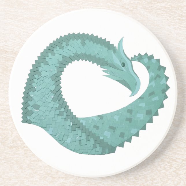 Posavasos De Arenisca Dragón de corazón verde sabio sobre blanco (Frente)