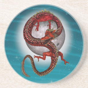Posavasos De Arenisca Dragón de Luna Roja Arte de Fantasía Celestial