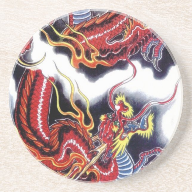 Posavasos De Arenisca Dragón Rojo Japonés (Frente)