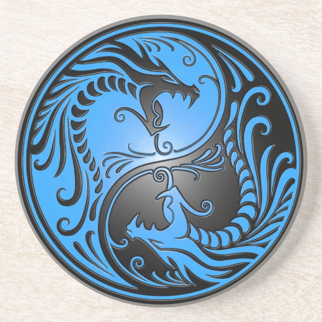Posavasos De Arenisca Dragones, azul y negro de Yin Yang (Frente)