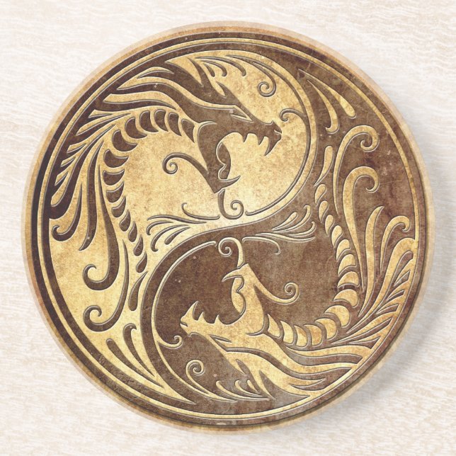 Posavasos De Arenisca Dragones de piedra de Yin Yang (Frente)