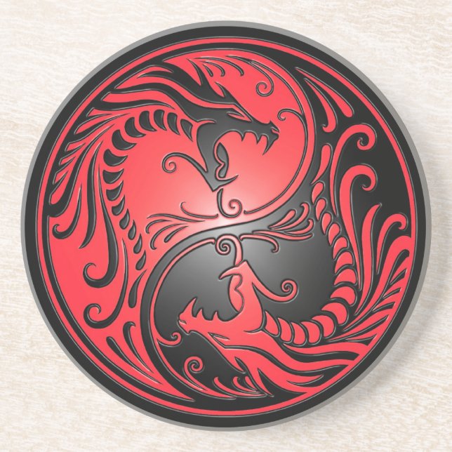 Posavasos De Arenisca Dragones, rojo y negro de Yin Yang (Frente)