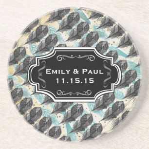 Posavasos De Arenisca Duck Egg Blue Feather Pattern Bodas Sastres