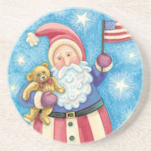 Posavasos De Arenisca Dulce Navidad, Santa Claus Patriótico con Bandera