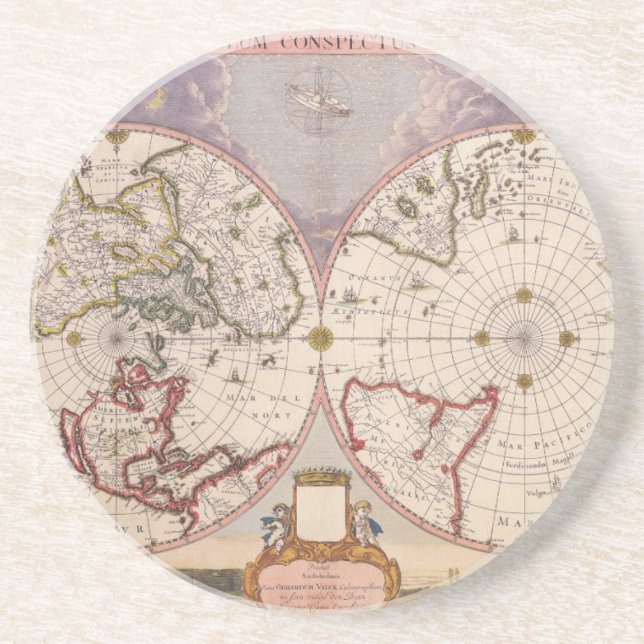 Posavasos De Arenisca Elegante litografía del Mapa del Mundo Antiguo (Frente)