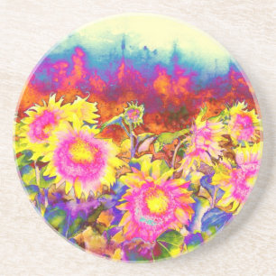 Posavasos De Arenisca Elegantes girasoles boho retro flores rosadas amar