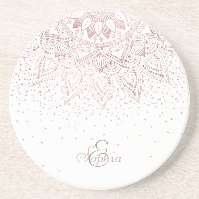 Posavasos De Arenisca Elegantes puntos de oro Rosa Mandala (Frente)