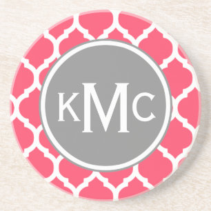 Posavasos De Arenisca Entramado marroquí monogramado en gris rosa brilla