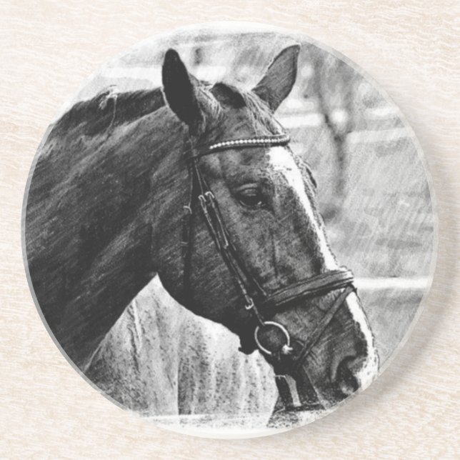 Posavasos De Arenisca Esbozo de caballos blancos negros (Frente)