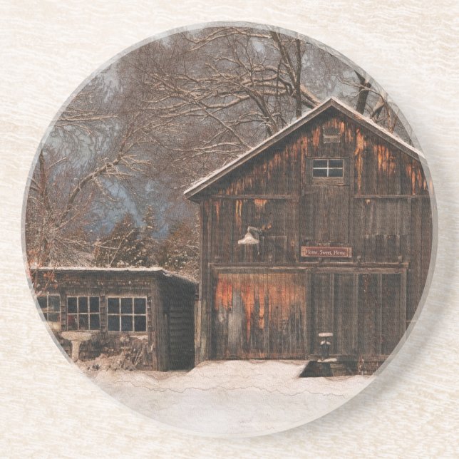 Posavasos De Arenisca Escena De Nieve Rústica De Barn Y Cabaña (Frente)