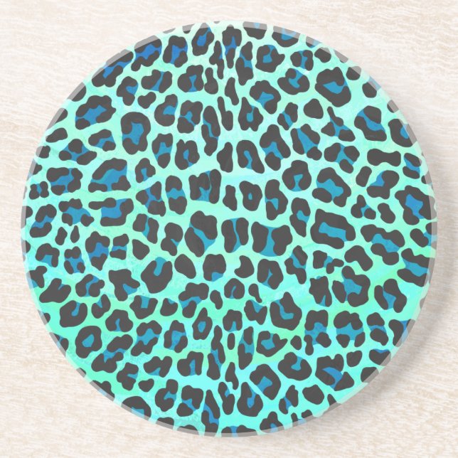 Posavasos De Arenisca Estampado Leopardo Negro y Azul Turquesa (Frente)