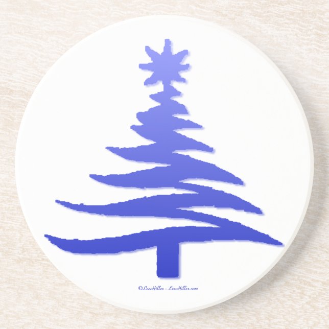 Posavasos De Arenisca Esténcil de árbol de navidad azul de cobalto (Frente)