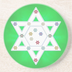 Posavasos De Arenisca Estrella de Hanukkah y copos de nieve sobre verde