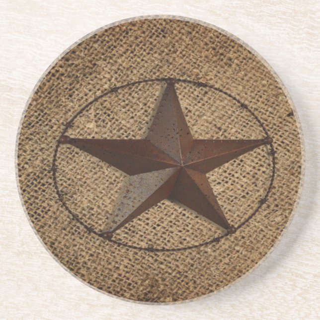 Posavasos De Arenisca Estrella de Texas Rústica Burlap Primitiva del Paí (Frente)