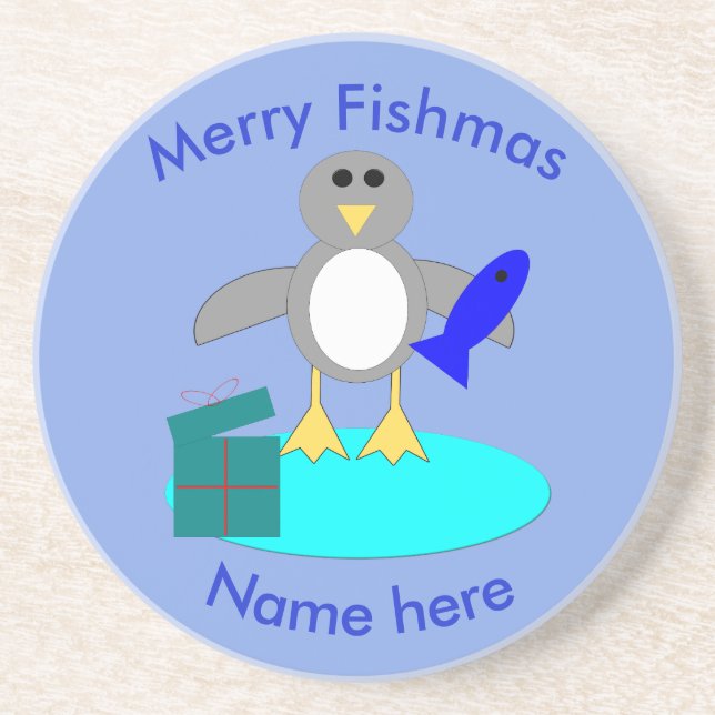 Posavasos De Arenisca Feliz Navidad Pesca Astras Pingüinas (Frente)