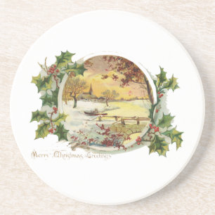 Posavasos De Arenisca Feliz Navidad Saludos Vintage Village Scene