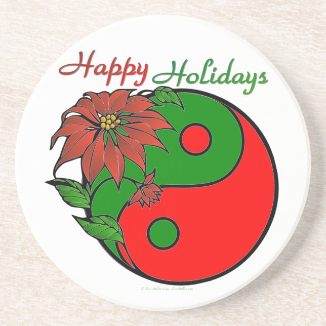 Posavasos De Arenisca Festividad Yin Yang Poinsettia Verde Rojo (Frente)