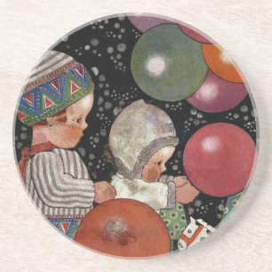 Posavasos De Arenisca Fiesta de cumpleaños infantil vintage, globos y ju