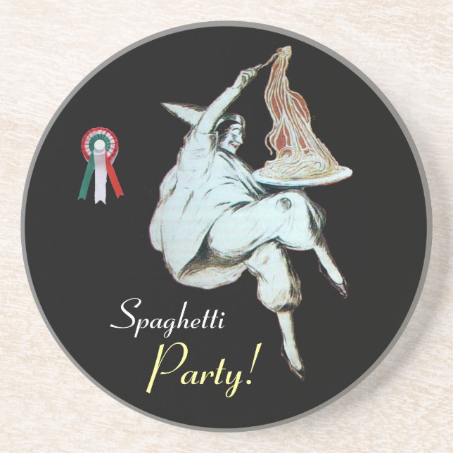 Posavasos De Arenisca Fiesta SPAGHETTI, COCINA ITALIANA, blanco rojo (Frente)