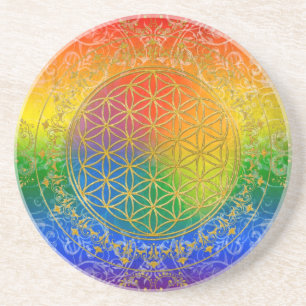 Posavasos De Arenisca Flor de vida - Ornamento en oro arco iris
