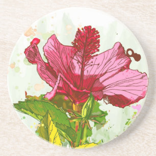 Posavasos De Arenisca Flor del hibisco - pintura de la acuarela