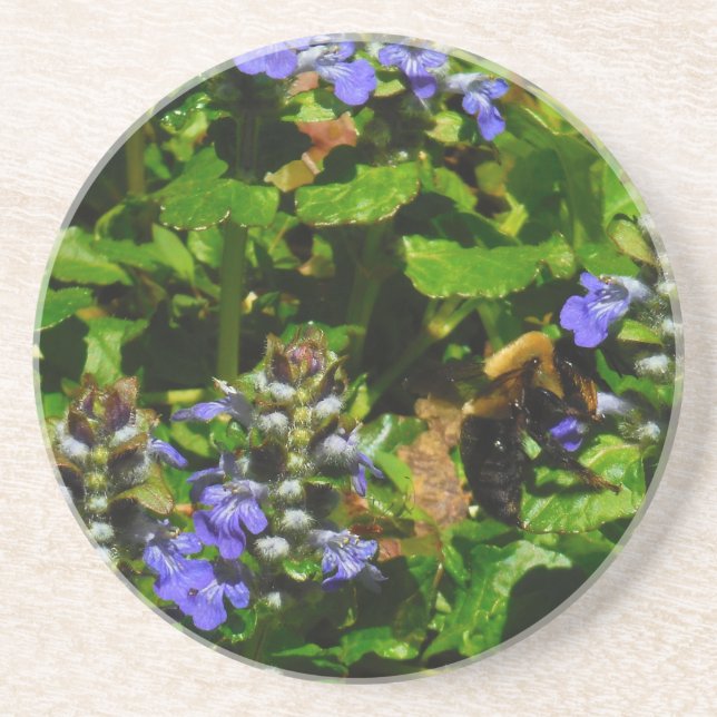 Posavasos De Arenisca Flor morada y abeja burbuja (Frente)