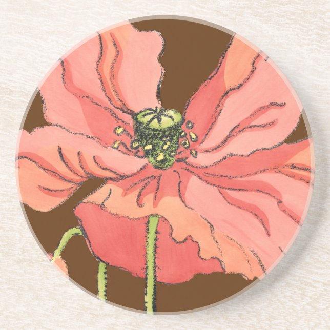 Posavasos De Arenisca Flor rosa grande con fondo rojo profundo (Frente)