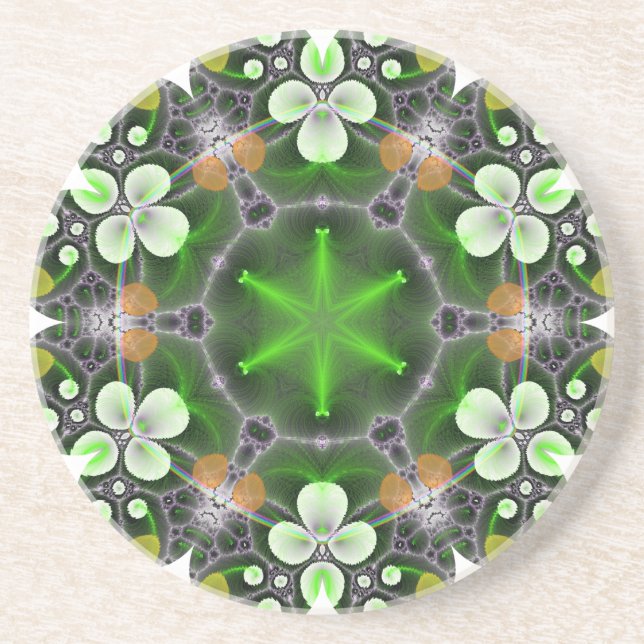 Posavasos De Arenisca Flor verde en caleidoscopio (Frente)