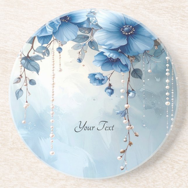 Posavasos de arenisca Flores Azules y Perlas (Frente)