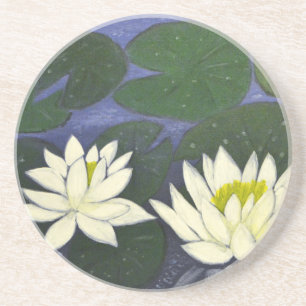 Posavasos De Arenisca Flores blancas de agua, pintura acrílica