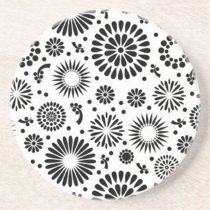 Posavasos De Arenisca Flores Boho Patrón floral vectorial negro y blanco
