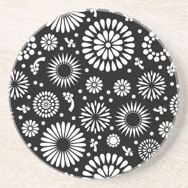 Posavasos De Arenisca Flores Boho Patrón floral vectorial negro y blanco (Frente)
