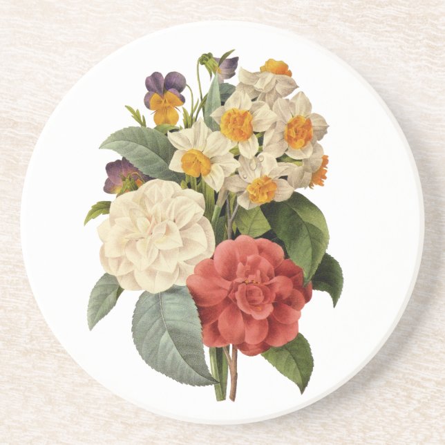 Posavasos De Arenisca Flores de época, camellias y narcisos, Redoute (Frente)