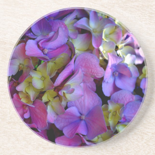 Posavasos De Arenisca Flores de Hydrangeas azul morado (Frente)