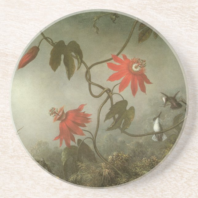 Posavasos De Arenisca Flores de pasión y colibríes por Martin J Heade (Frente)
