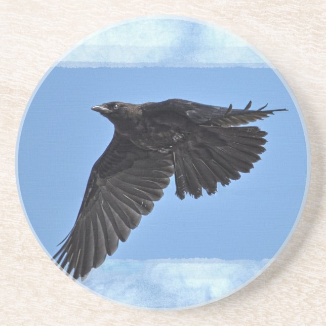 Posavasos De Arenisca Flying Raven Arte Moderno en Azul (Frente)