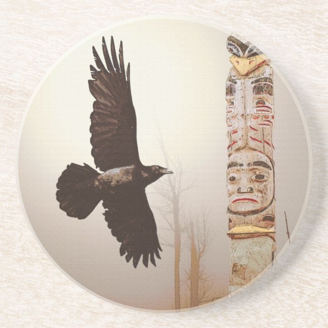 Posavasos De Arenisca Flying Raven & Totem-Pole Fantasy Art (Frente)