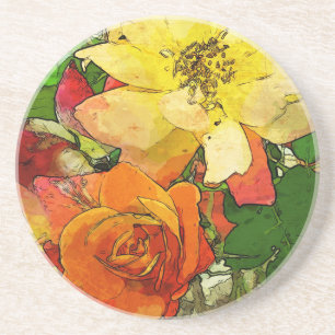Posavasos De Arenisca fondo colorido 2 del vintage floral del arte