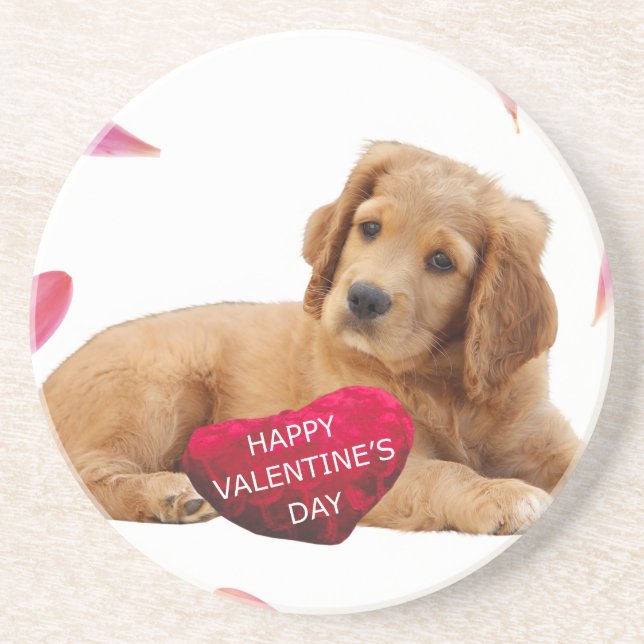 Posavasos De Arenisca Foto de perro el día de San Valentín (Frente)