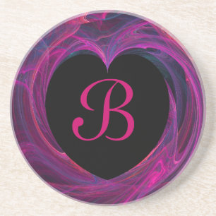 Posavasos De Arenisca Fractal Heart Series-3---Blk & Pink coaster